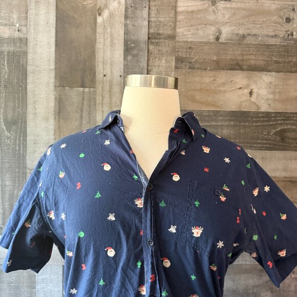 Men's Navy holiday button up shirt xlarge Santa elf Christmas tree reindeer - Picture 3 of 10